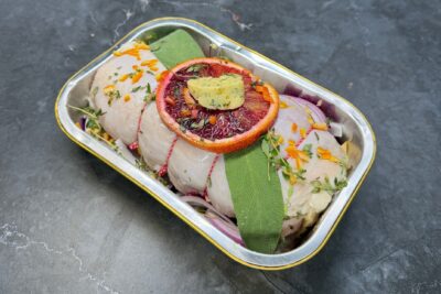 FESTIVE CHICKEN ROAST with Blood Orange & Sage Butter Stuffing